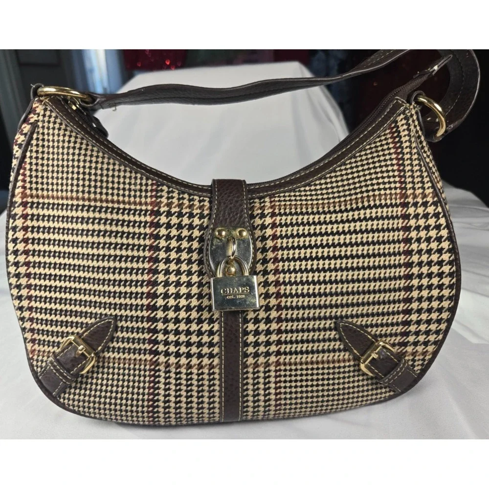 Chaps Houndstooth Plaid Shoulder Bag Purse Brown Padlock Preppy Y2K Academia